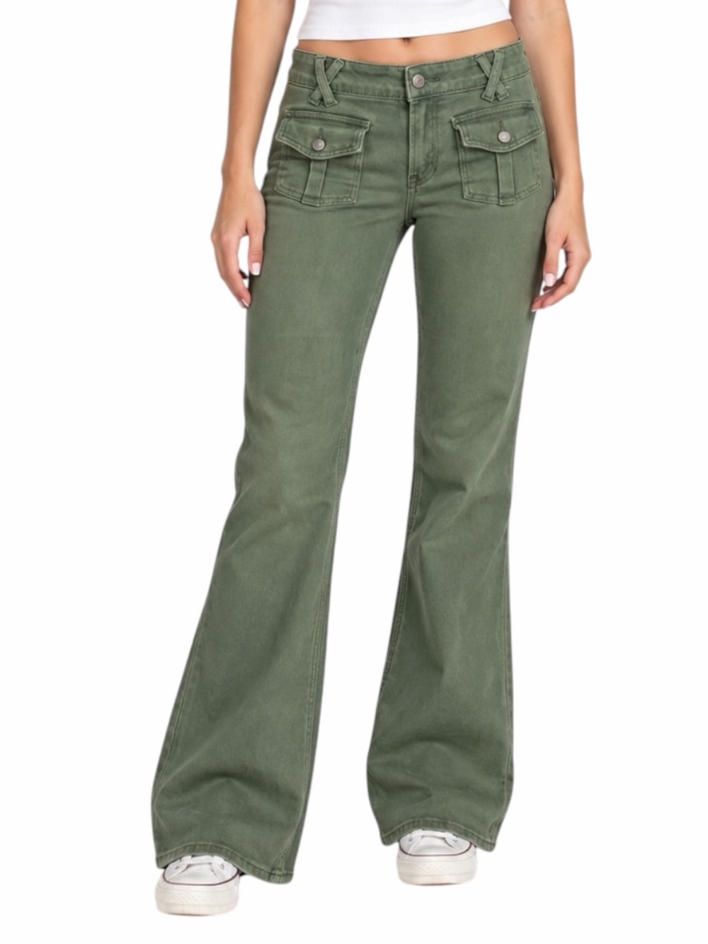 PacSun Cargo Flare Pants Jeans Women’s Size 28 Low Rise Stretch Olive Green Y2K